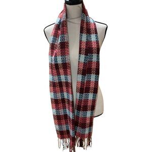 Italy Design Cashmere Scarf Red Pink Pastel Blue Checks  w/ Fringe 74”x 8” Women
